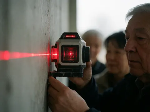 A man holds a red laser level against a concrete wall, with other people in the background.