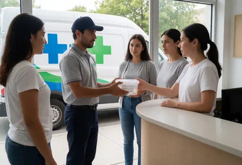 A man hands a medical sample to a receptionist at a clinic, with other people watching.