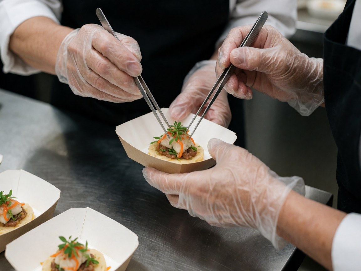 Gloved chefs carefully place ingredients on a gourmet dish over a stainless steel table