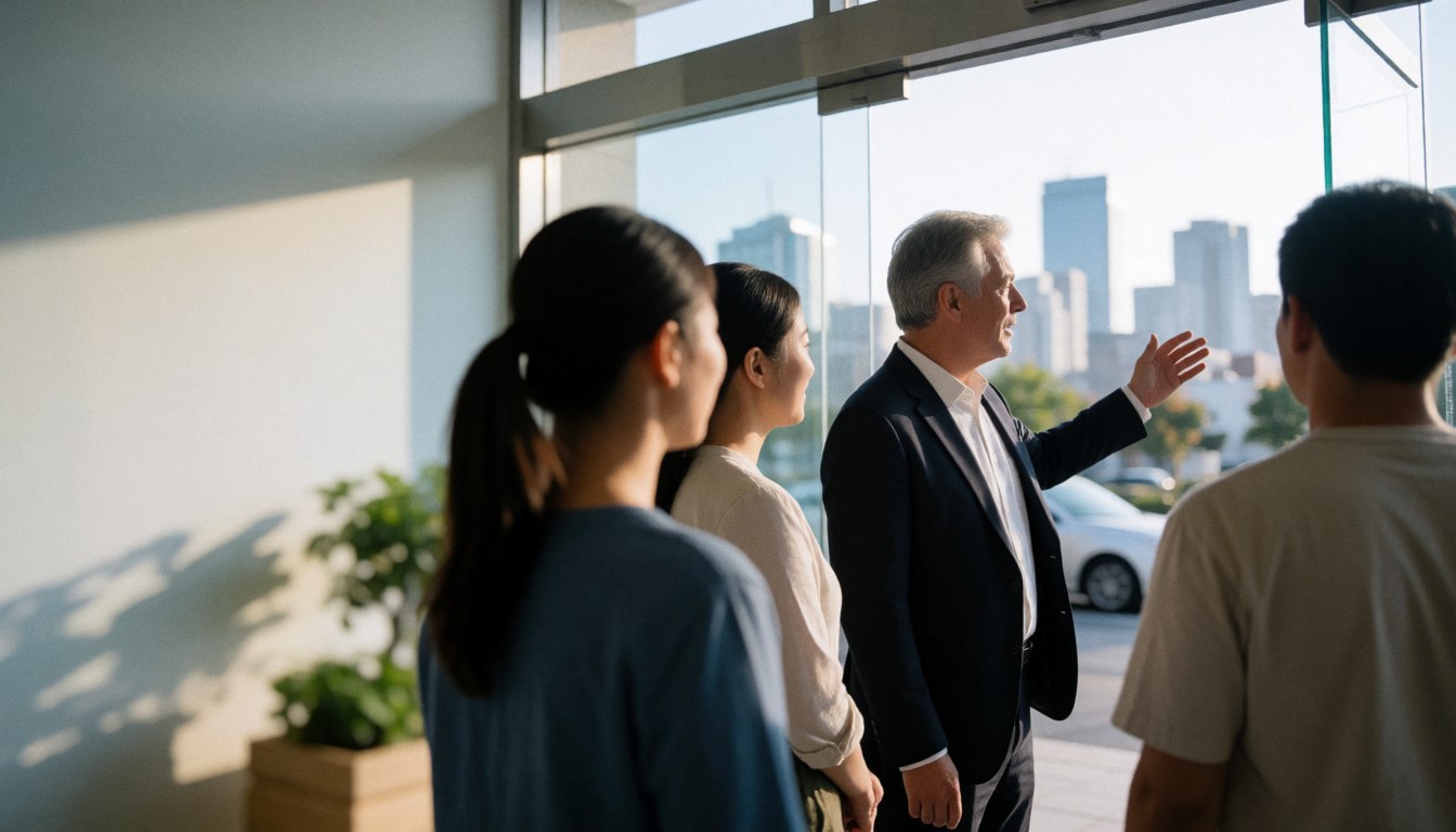 Insurance professional gestures toward city skyline through large window in modern office with morning light and colleagues nearby