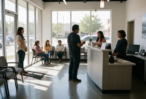 Interior of a modern real estate office featuring a reception desk, waiting clients, and natural light creating a professional atmosphere