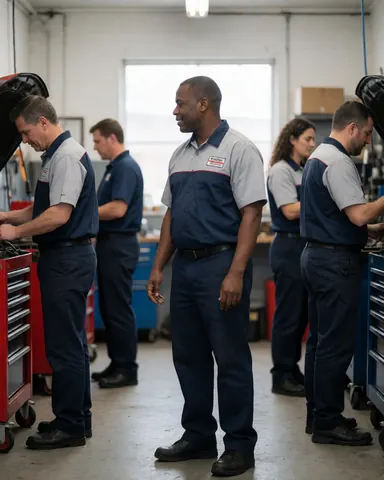 Team of HVAC technicians collaborating in a workshop environment with tools and equipment for air conditioning repair