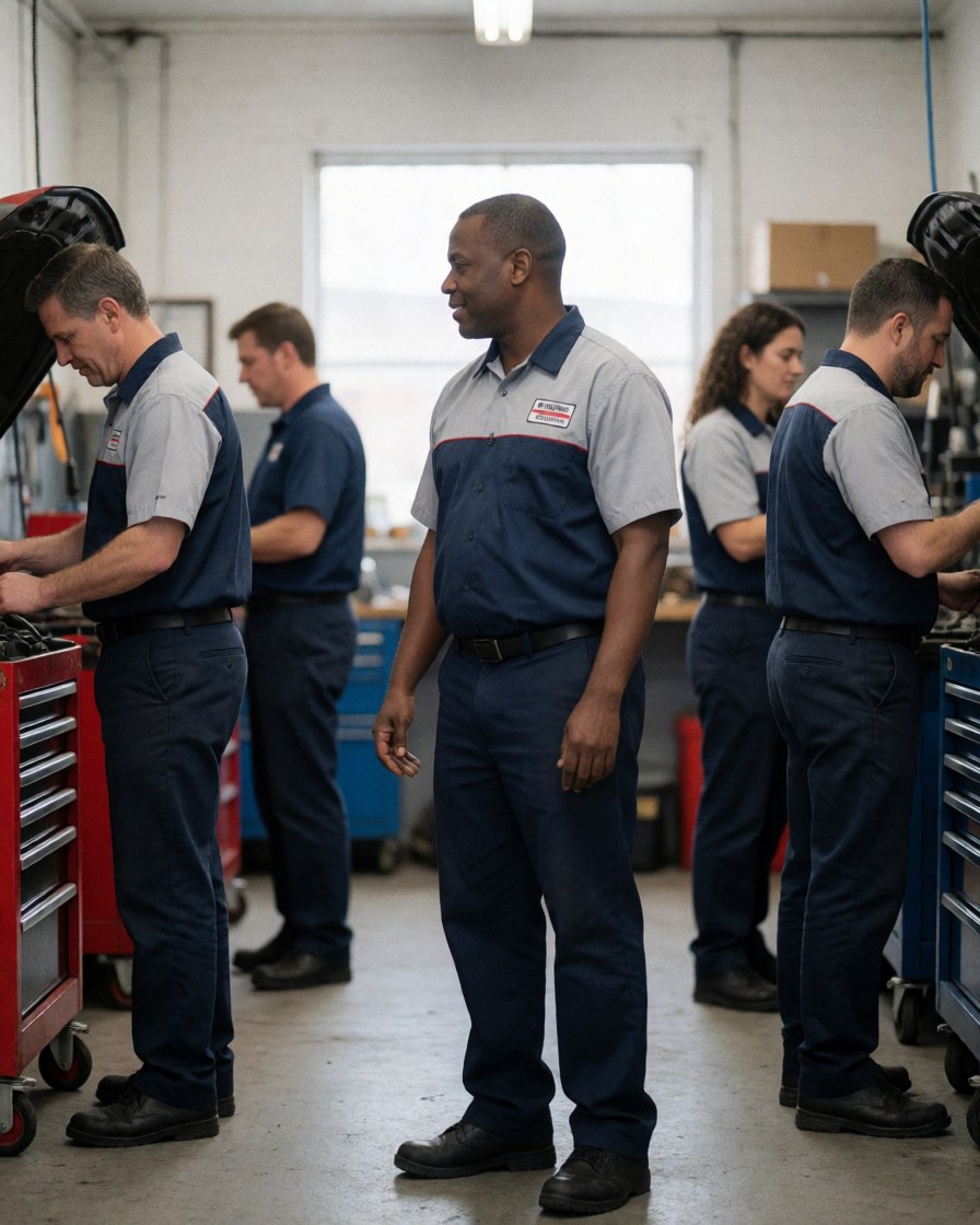Team of HVAC technicians collaborating in a workshop environment with tools and equipment for air conditioning repair