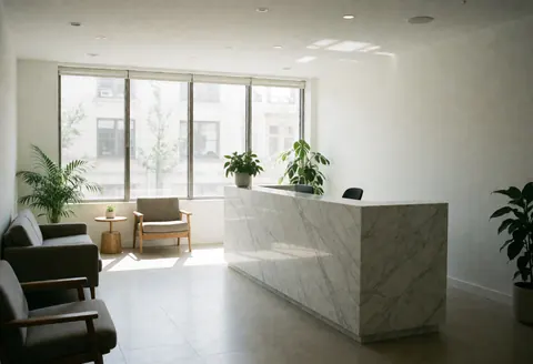 Bright modern office reception featuring a marble counter, comfortable chairs, green plants, and large windows creating a welcoming atmosphere
