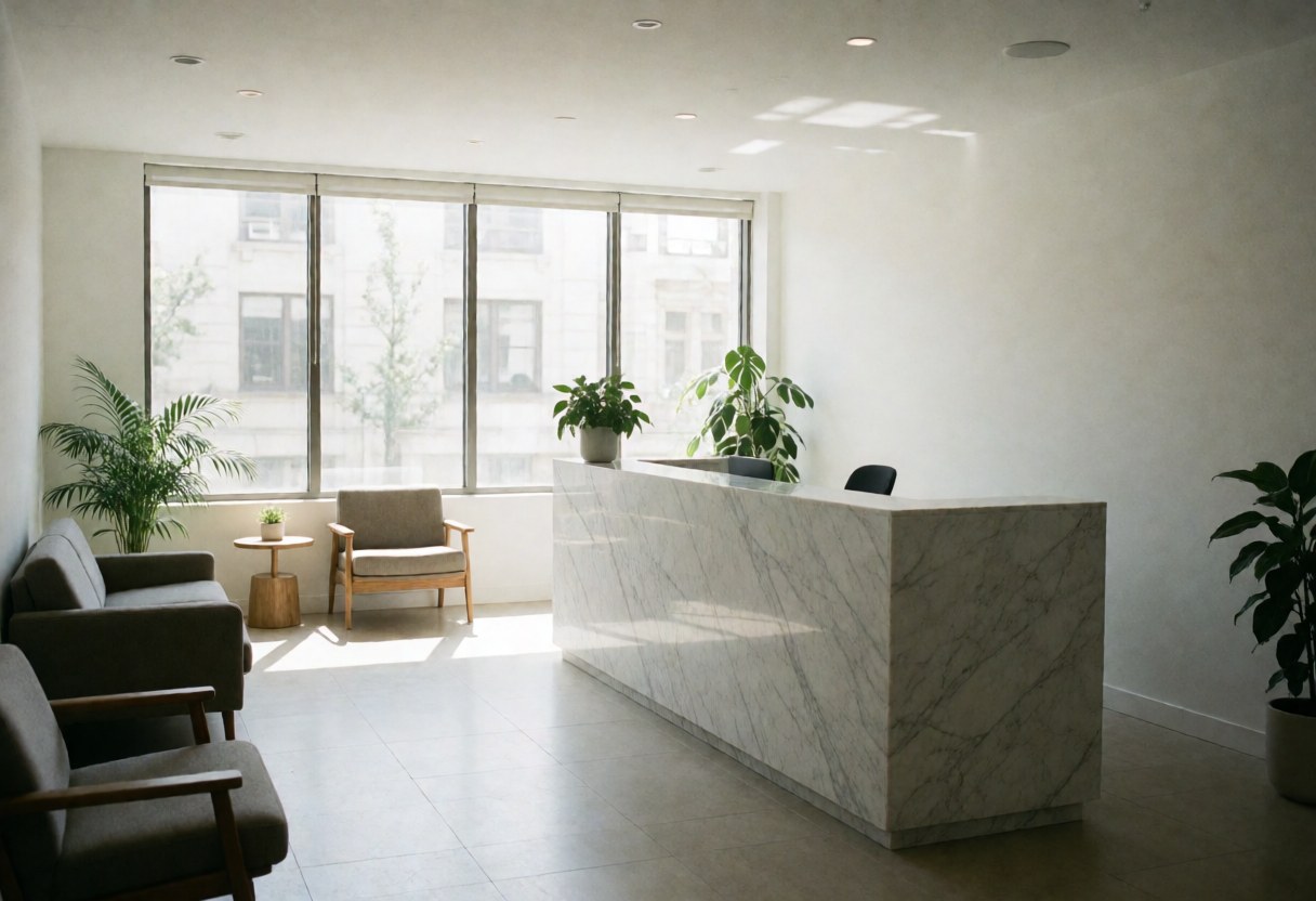 Bright modern office reception featuring a marble counter, comfortable chairs, green plants, and large windows creating a welcoming atmosphere