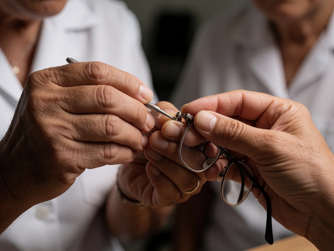 Close-up of an optician's hands precisely adjusting the frame of metal eyeglasses in a professional optical store setting