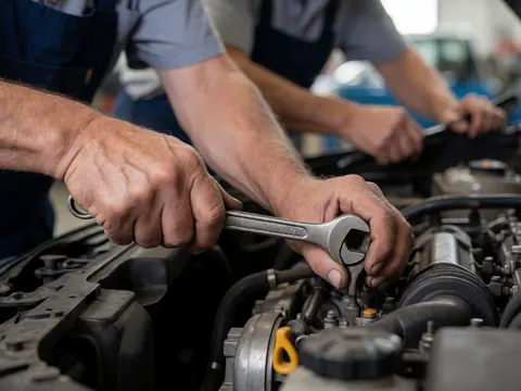 Close-up of mechanic hands using a wrench on a car engine, showing metallic details and tools in an industrial workshop setting