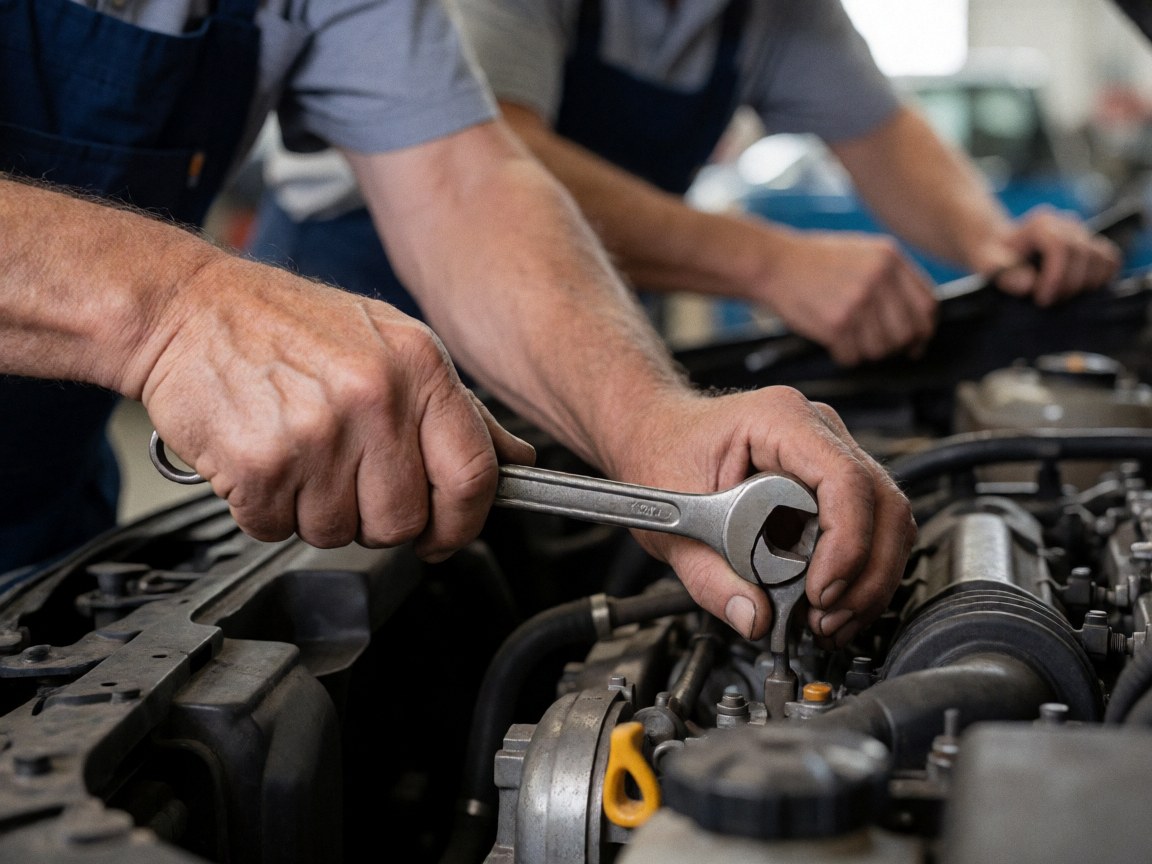 Close-up of mechanic hands using a wrench on a car engine, showing metallic details and tools in an industrial workshop setting