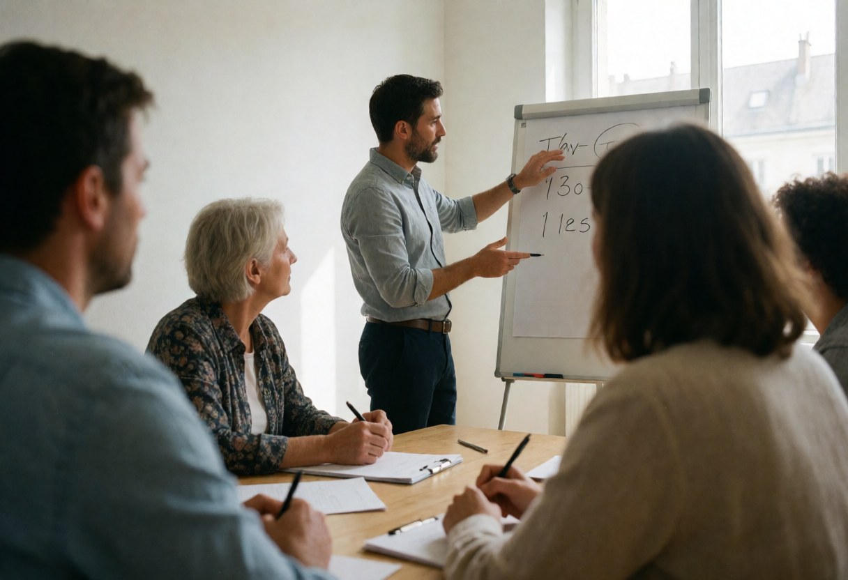 Online course instructor explains concepts on a whiteboard while students take notes during an office meeting