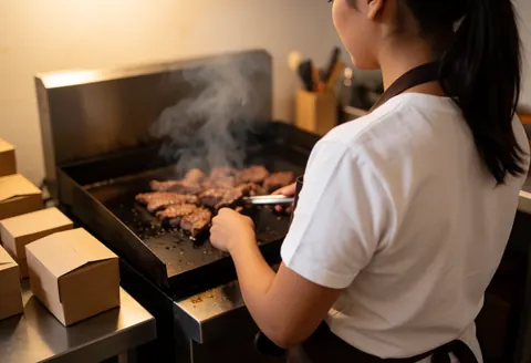A woman grills meat on a food truck grill with smoke rising and packed food boxes ready for service