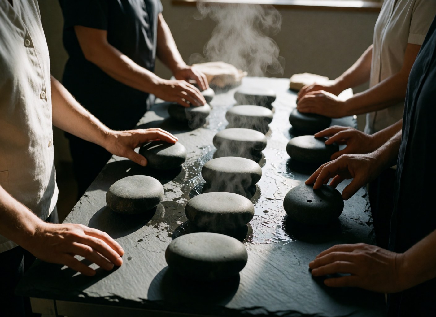 Several hands place hot stones on a stone table as steam rises, in a spa setting.