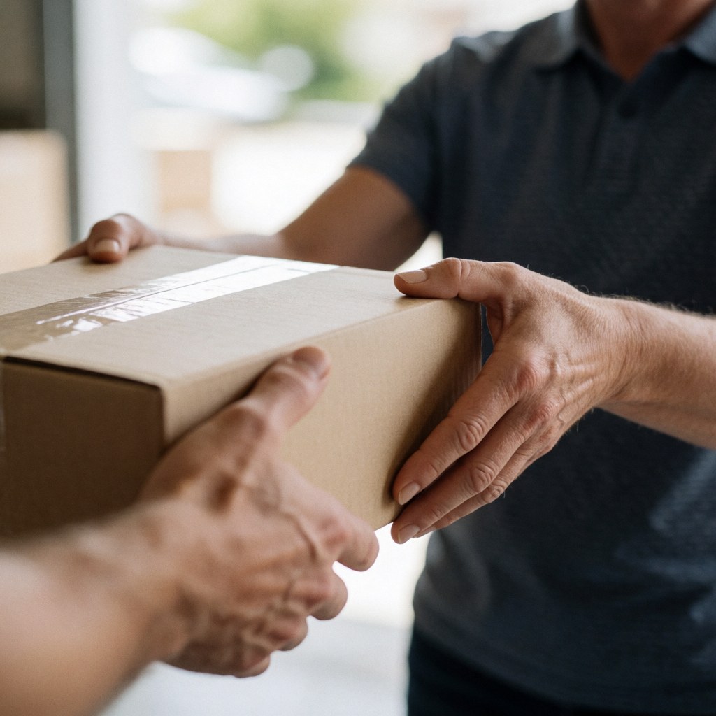 A person hands a cardboard package to another person during a logistics delivery.