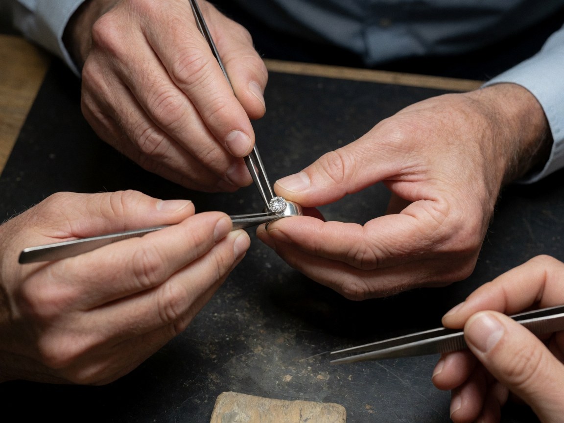 Three pairs of hands using tweezers to adjust a diamond on a silver ring over a dark table.