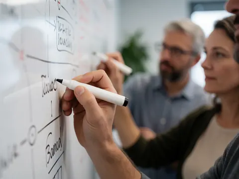 A hand writes with a marker on a whiteboard while others observe in a shared workspace.
