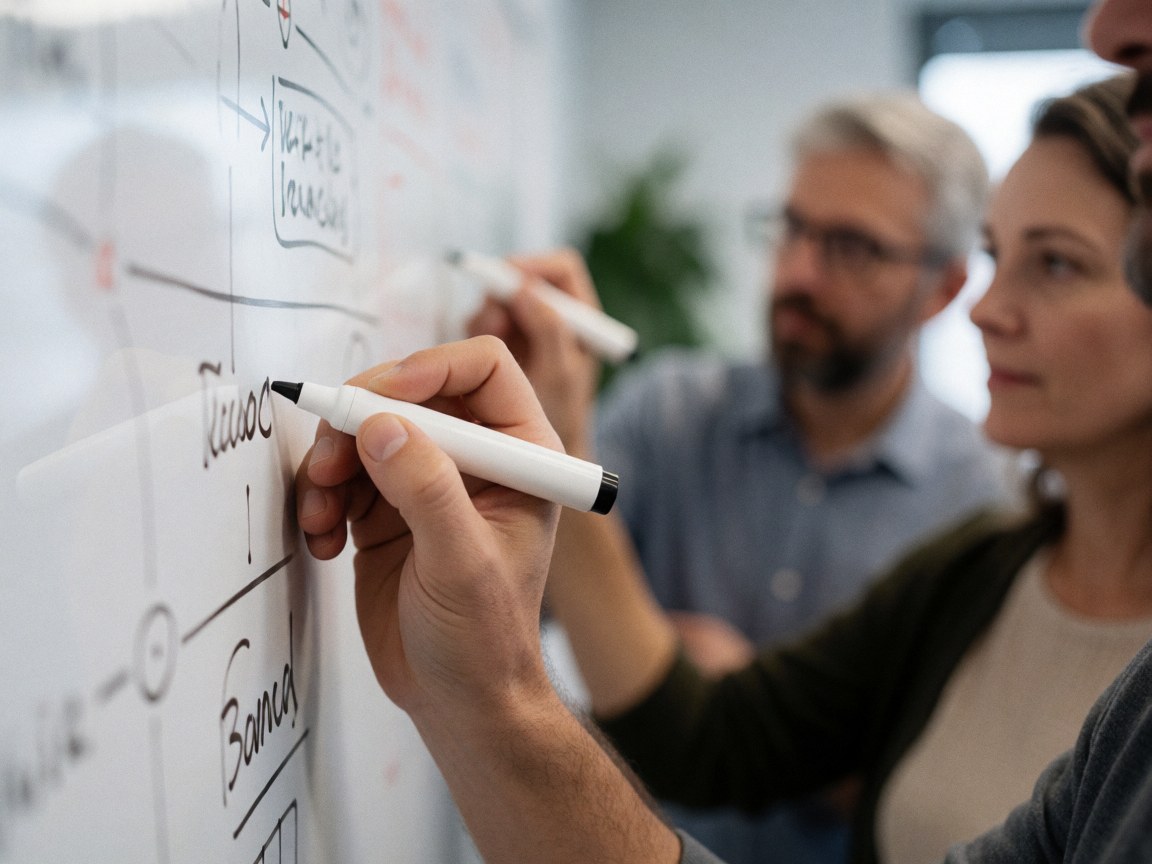 A hand writes with a marker on a whiteboard while others observe in a shared workspace.