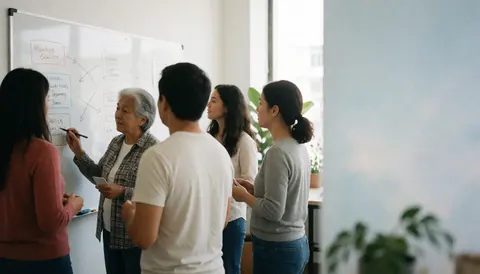 Marketing professionals working together around a whiteboard with strategy diagrams in a modern office