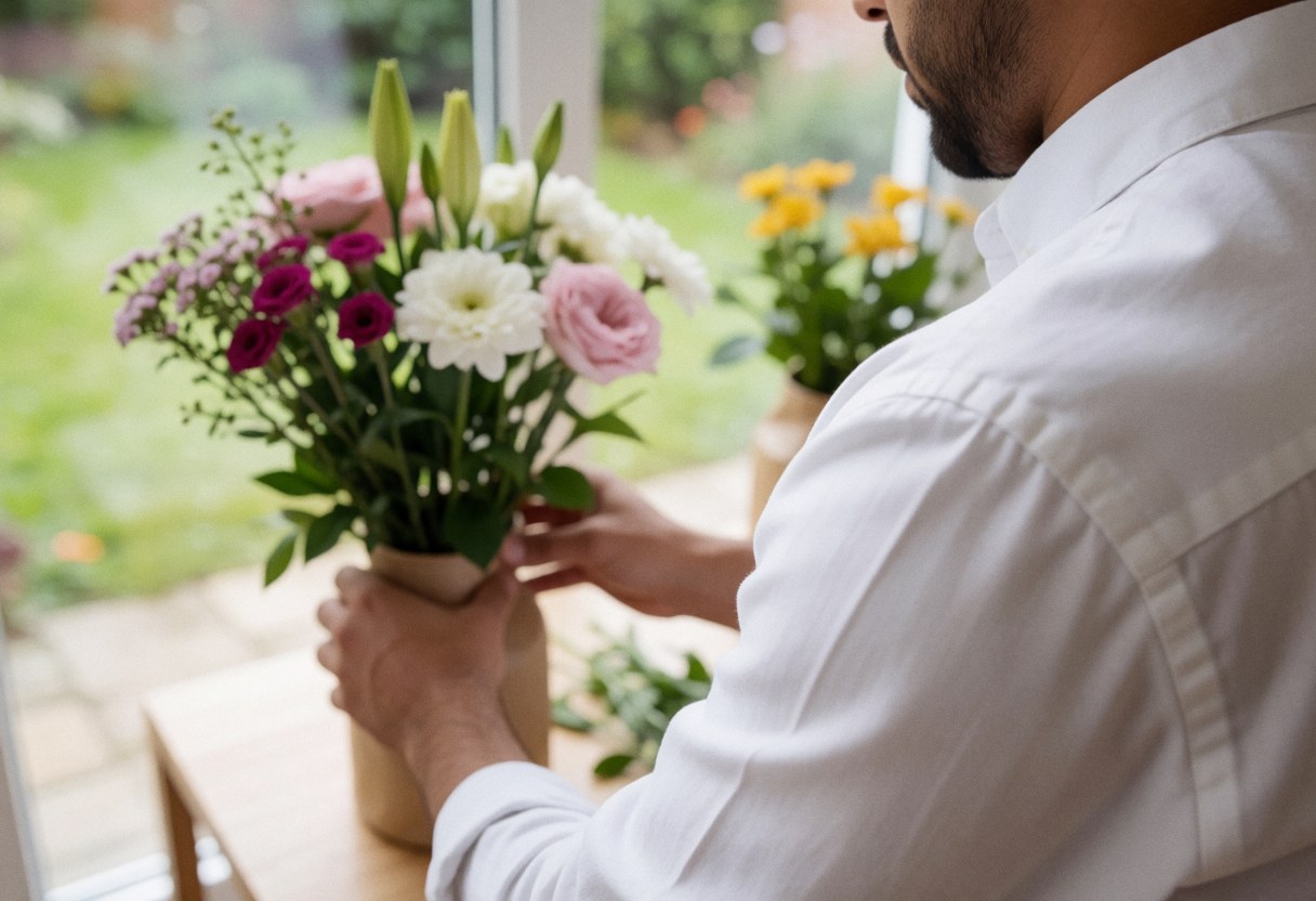 A man in a white shirt adjusts a bouquet of flowers in a wooden vase on a wooden table, with a garden in the background.