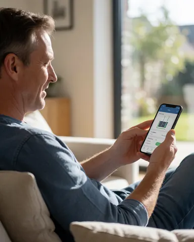A man reviews a solar energy app on his phone while sitting on a sofa at home.