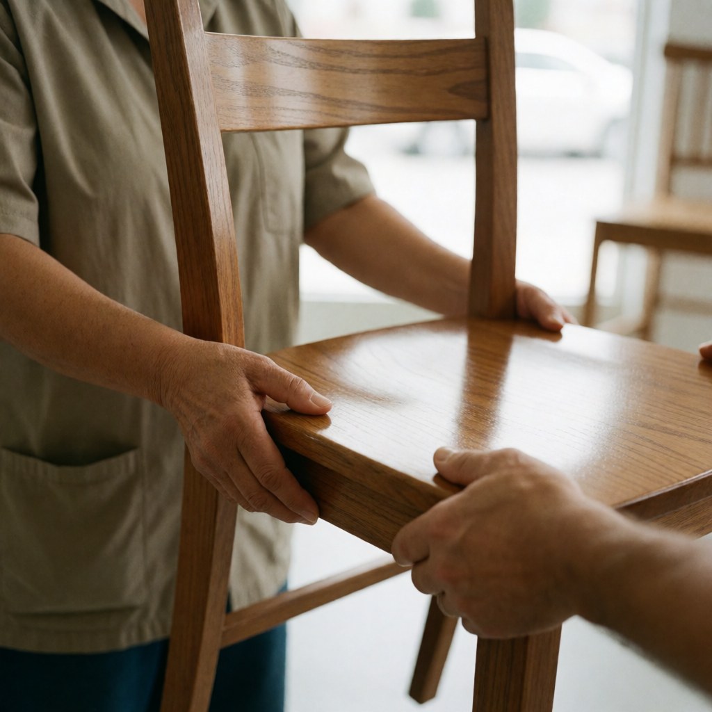 Two people handing over a polished wooden chair in a bright indoor space.