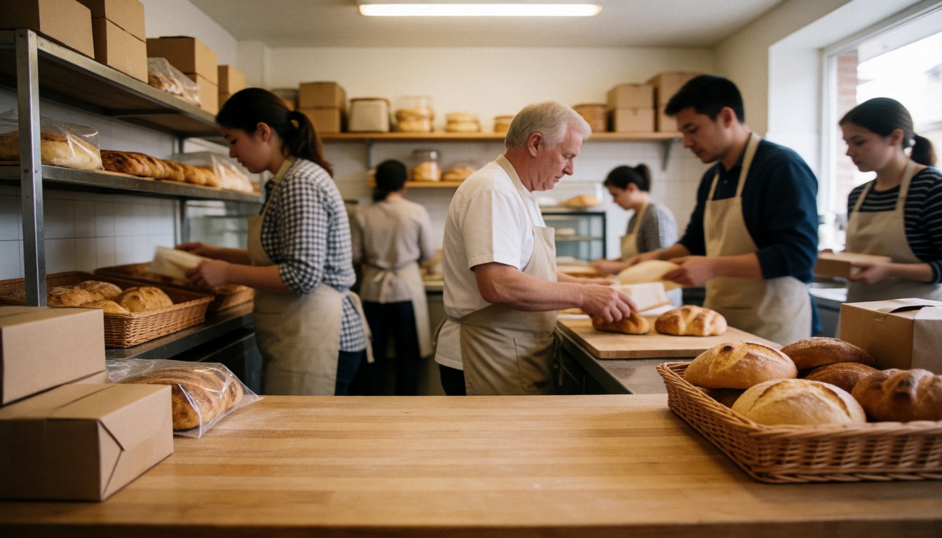 A bakery counter displaying freshly baked bread with staff working in the background