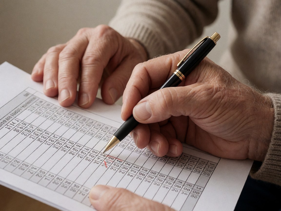 Adult hand with black pen writing on a form with boxes and numbers.
