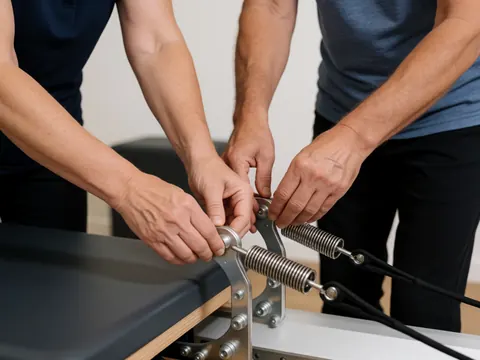 Two people adjusting springs on a reformer machine in a gym.
