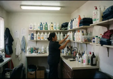 A woman organizes products on shelves in a beauty salon with towels and product bottles.