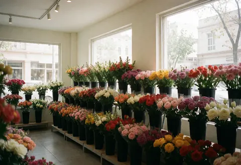 Interior of a flower shop with many flowers in black pots, arranged on shelves near windows.
