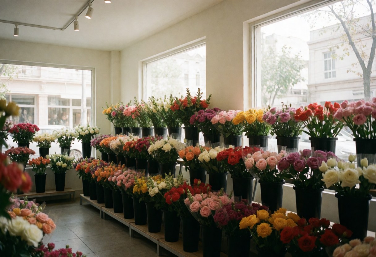 Interior of a flower shop with many flowers in black pots, arranged on shelves near windows.
