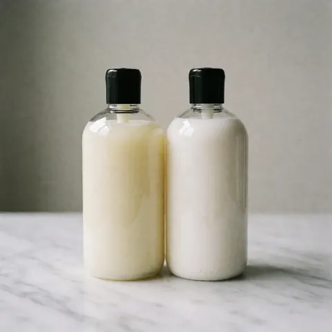 Two shampoo and conditioner bottles on a white marble surface.