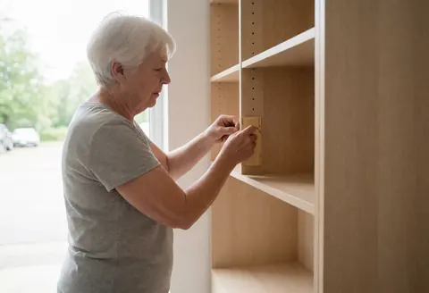 An older woman assembles a wooden bookshelf in a room with natural light.