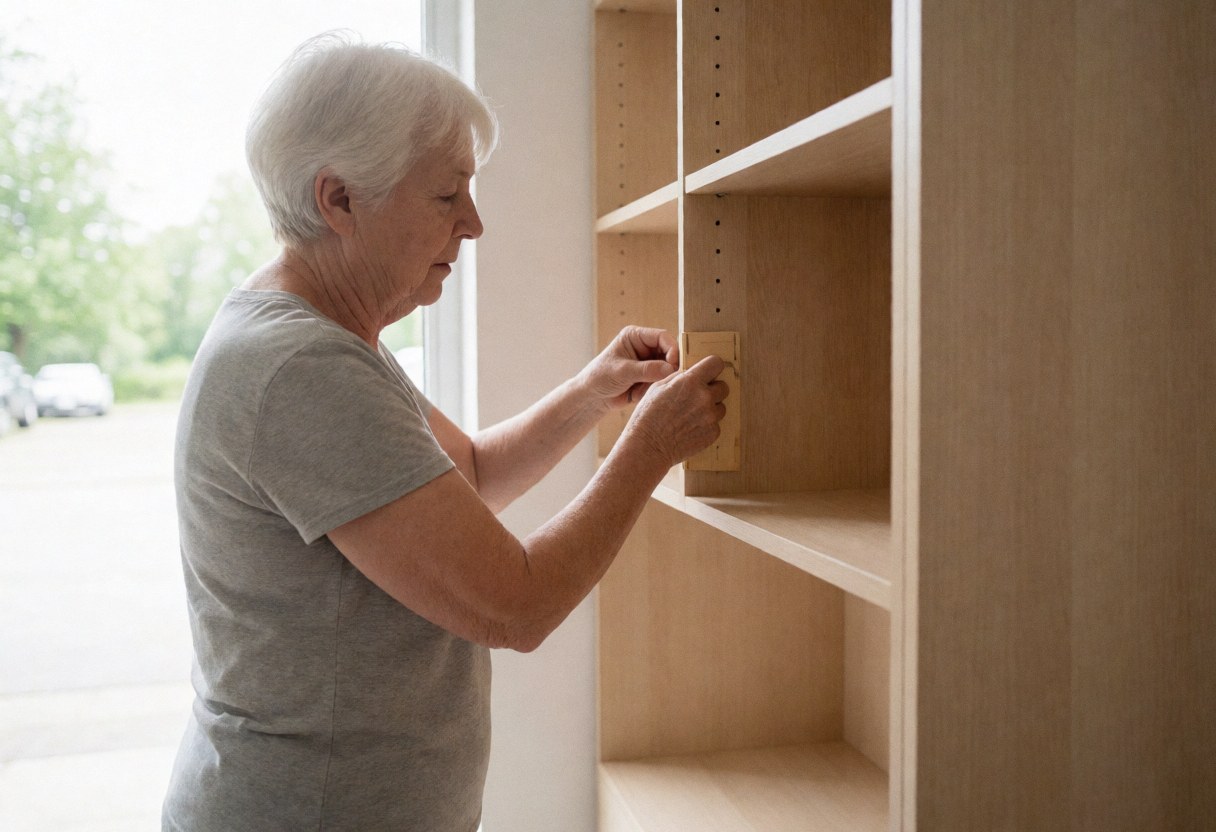 An older woman assembles a wooden bookshelf in a room with natural light.