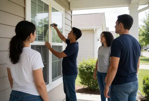 A painter carefully applies masking tape to a window frame while three clients watch from the house entrance during a home service job.