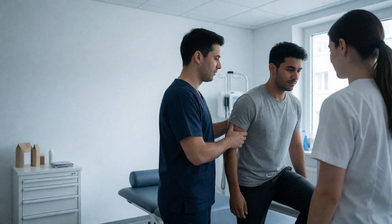 Physiotherapist helping a patient stand up in a modern clinic with medical furniture and natural light