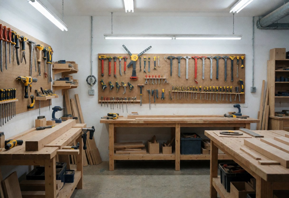 Bright modern carpentry workshop featuring tools hung on pegboards and wooden workbenches ready for professional projects