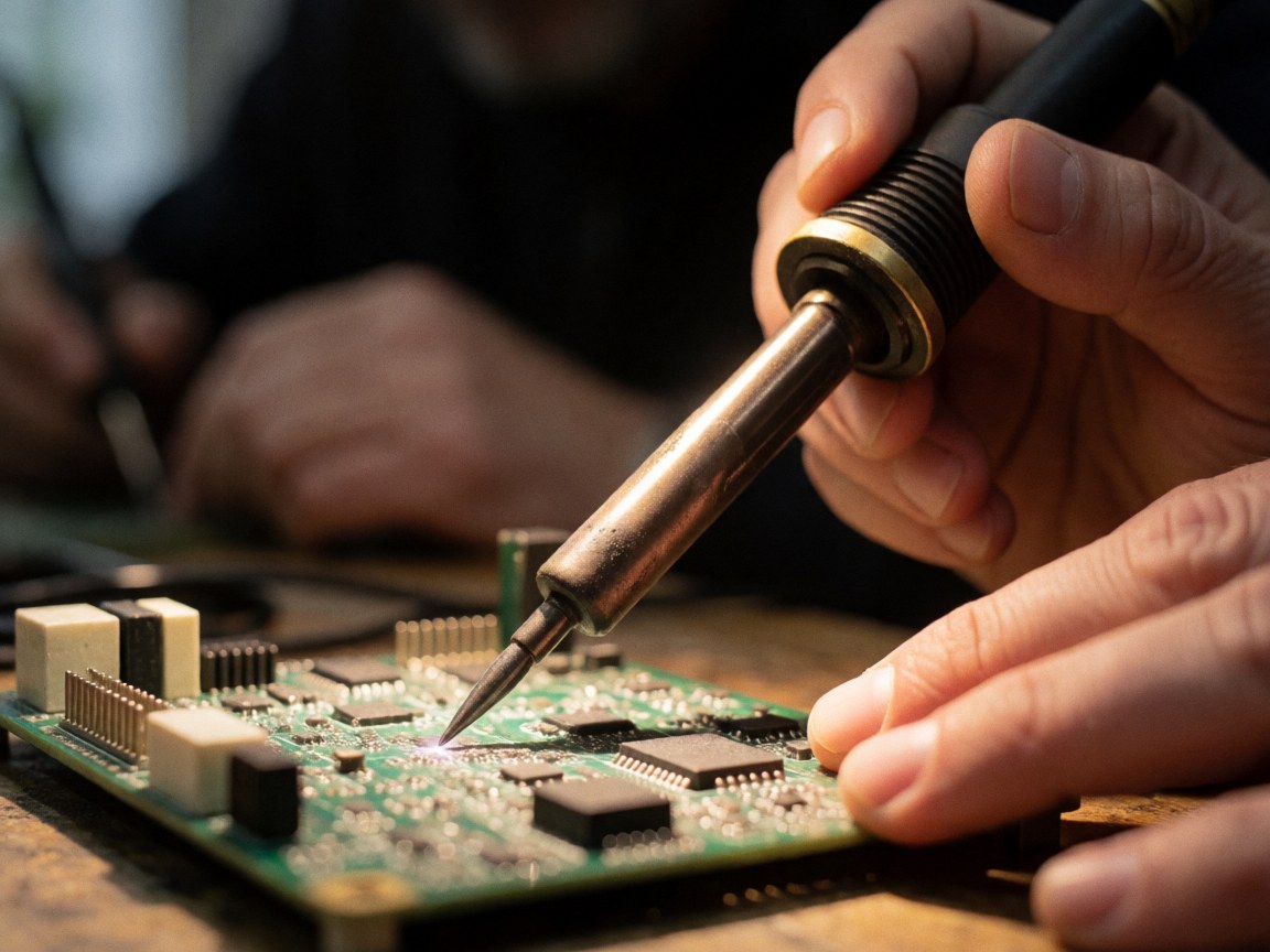 Expert hand soldering a component on a circuit board with warm lighting and blurred background for tech repair context