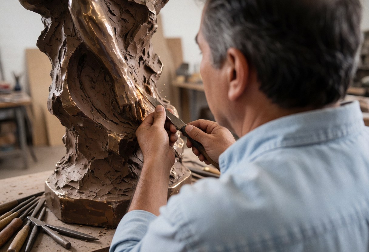 A sculptor in a blue shirt carves a bronze sculpture with a tool in his art workshop.
