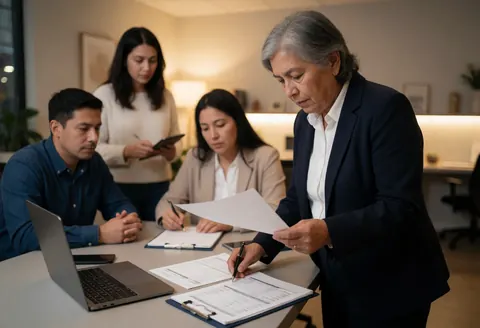 An accountant reviews documents on a desk in an office while three people work around a laptop computer.