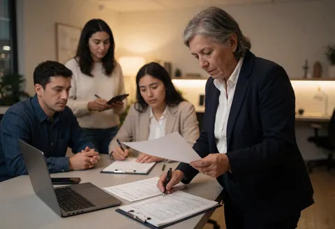 An accountant reviews documents on a desk in an office while three people work around a laptop computer.