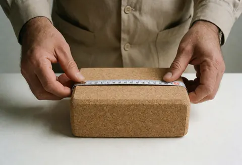 Close up of a man's hand using a tape measure to check the size of a cork yoga block with soft lighting