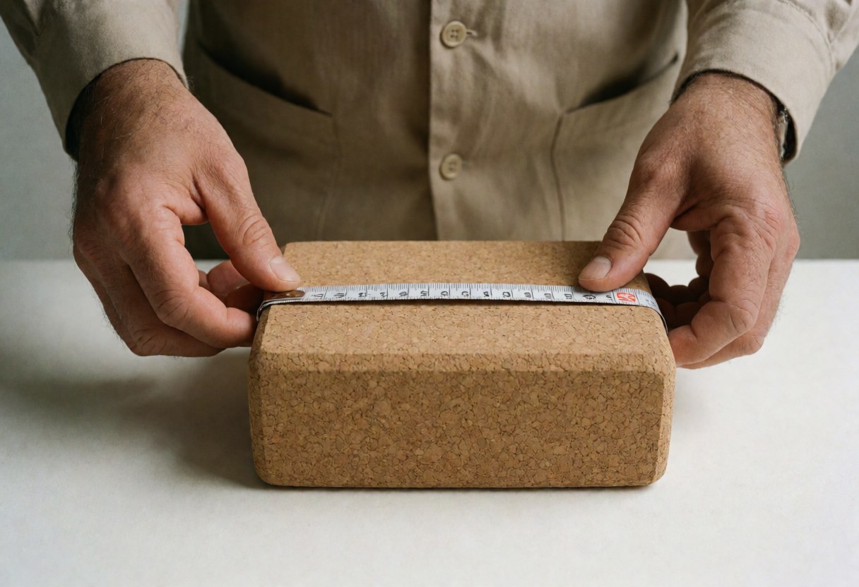 Close up of a man's hand using a tape measure to check the size of a cork yoga block with soft lighting