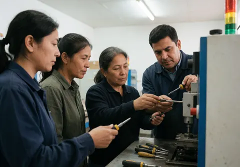 Technician teaching operators to repair industrial machine with tools and ceiling lights in workshop