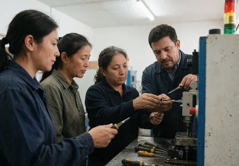 Technician teaching operators to repair industrial machine with tools and ceiling lights in workshop