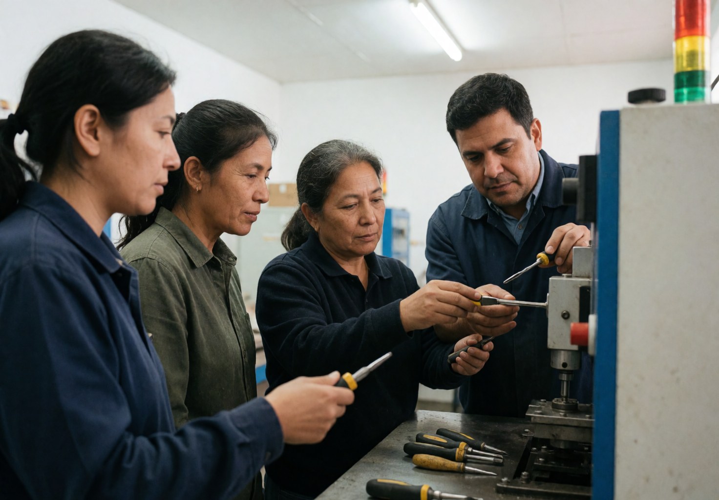 Technician teaching operators to repair industrial machine with tools and ceiling lights in workshop