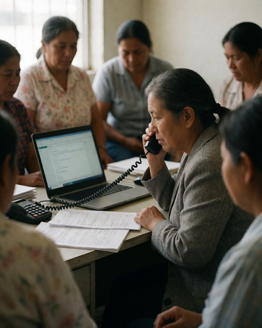 Middle-aged woman talks on phone while reviewing documents and computer in office with other women
