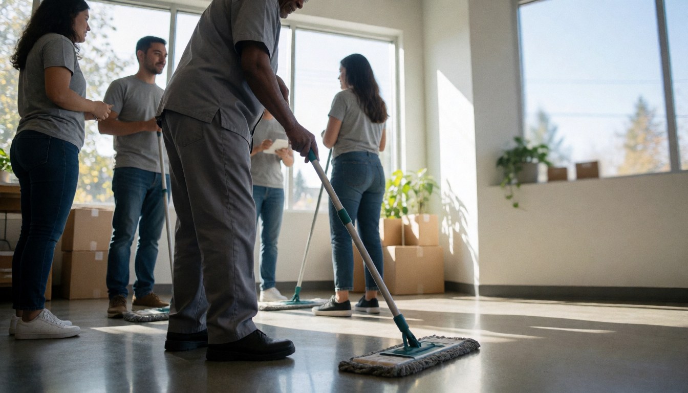 A group of people cleaning a modern office with natural light, one person in a gray uniform mopping the floor while others observe, with copy space on the right
