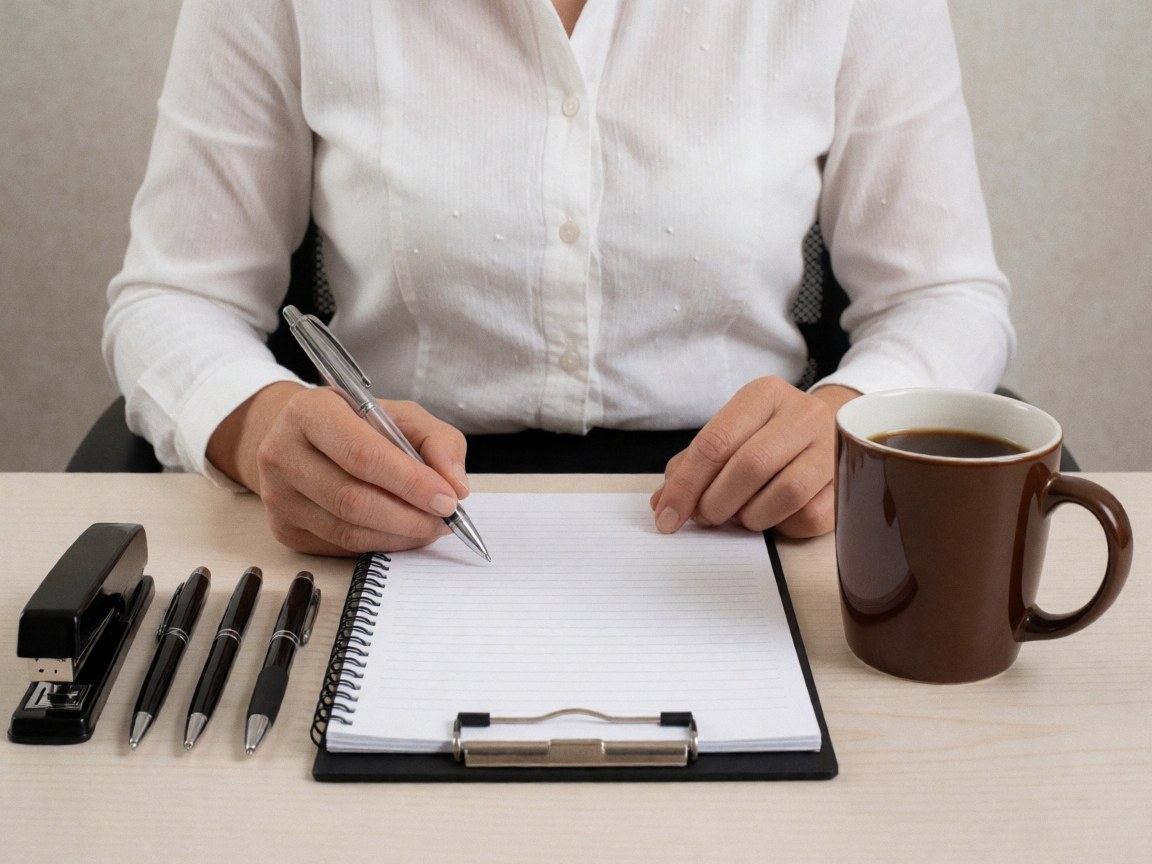A person writing in a notebook with pens, a coffee mug, and a clipboard on an office desk.