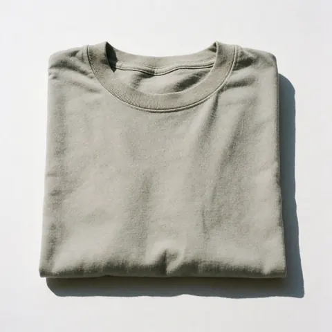 A neatly folded cotton t-shirt displayed on a plain white background with visible fabric texture and natural lighting for clothing catalogs