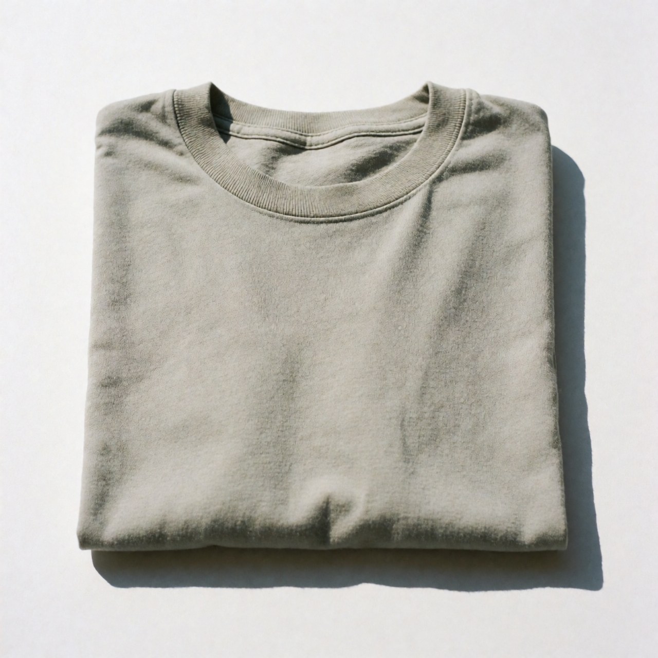 A neatly folded cotton t-shirt displayed on a plain white background with visible fabric texture and natural lighting for clothing catalogs