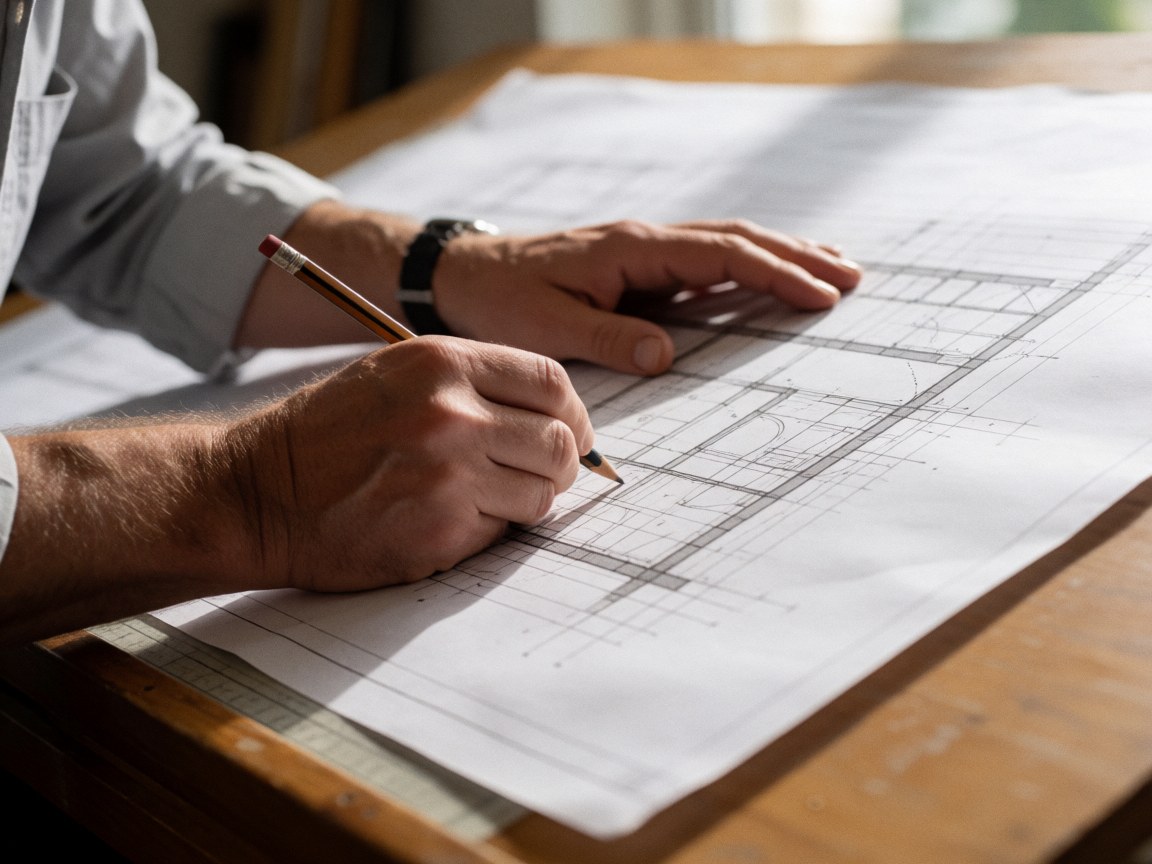 A man drawing with a pencil on architectural blueprints on a wooden table.